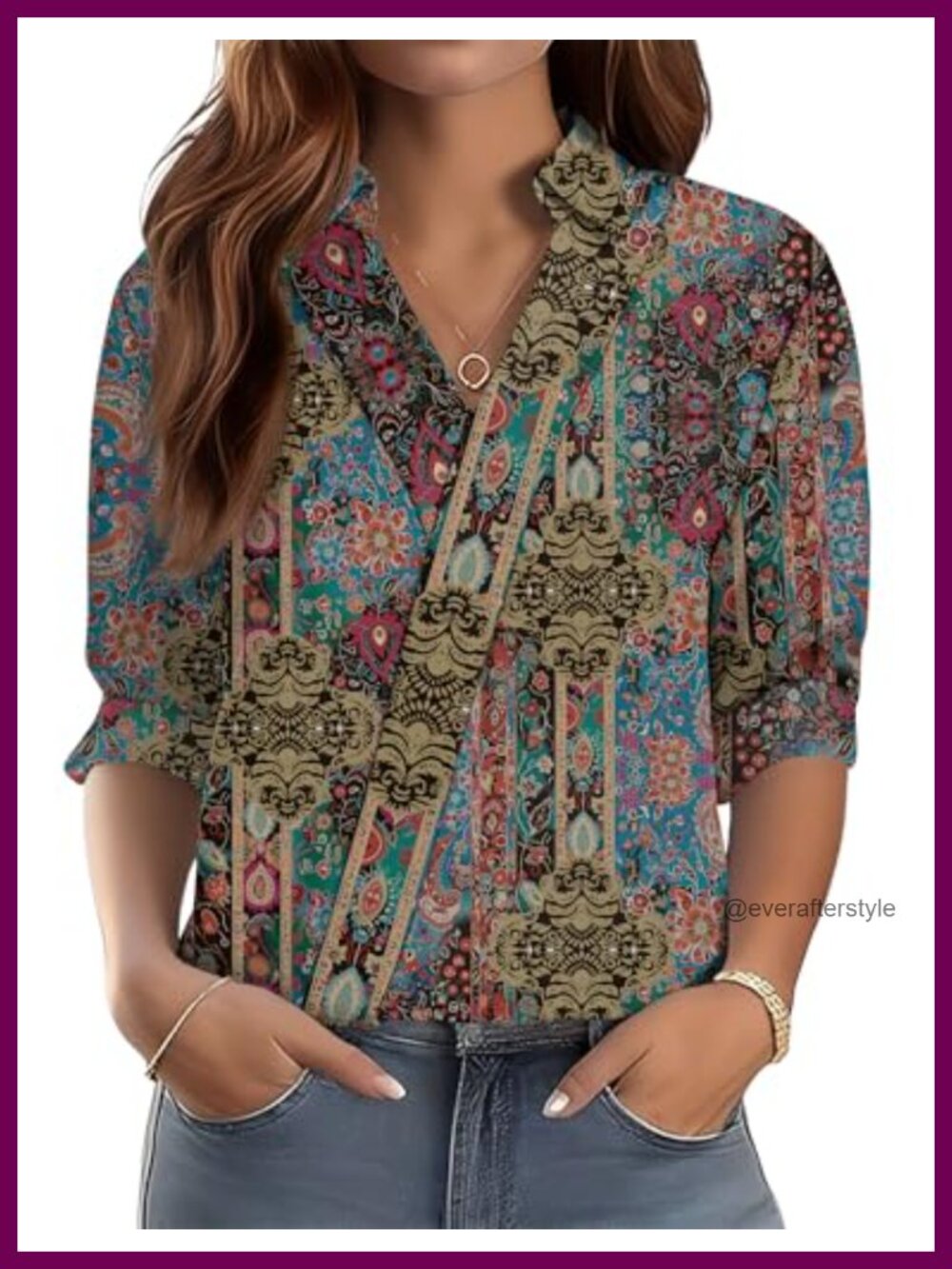 Womens 3/4 Sleeve V Neck Collared Dressy Blouse Business Casual Top